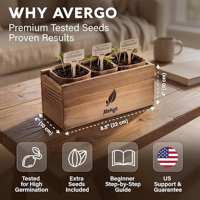 AVERGO Wildflower Seed Mix Growing Kit - Perennial Wild Flowers | Ideal Gift - Also Includes Planters, Soil, Wooden Box, and Gardening Tools for Indoor Garden and Patio Planting