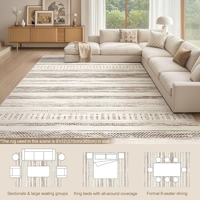 Tortania Area Rug Living Room Rugs - 9x12 Washable Large Soft Neutral Boho Moroccan Bohemian Farmhouse Rug Indoor Floor Carpet for Bedroom Under Dining Table Home Office Decor - Brown Beige