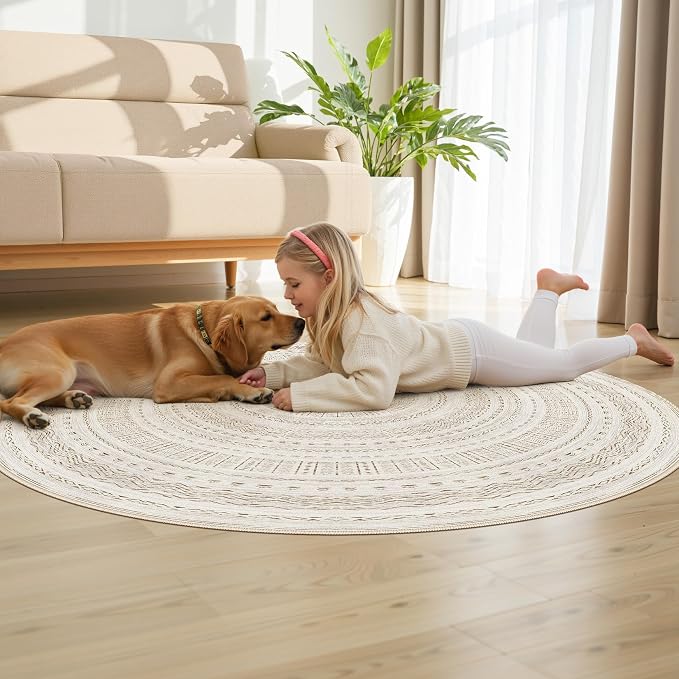 cotiled 5x5 Round Rug 5ft Circle Living Room Boho Area Rugs | Solve Modern Neutral Trendy Home Decor - Washable Foldable Indoor Carpet for Dining Bedroom Entryway Home Office Brown Cream