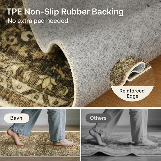2x6 Washable Runner Rug Non Slip for Hallway, Green | Vintage Floral Print, Lightweight Low Pile Carpet for Kitchen, Bedroom, Bathroom and Laundry Room