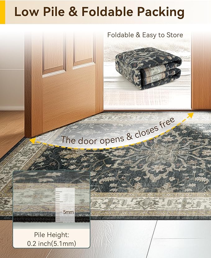 RELEANY Washable Area Rug, Small 2'x4', Black/Vintage/Beige | Non-Slip, Water Repellent, Pet Friendly, Easy to Clean, Vintage Floral Boho Decor for Kitchen Entryway Bathroom