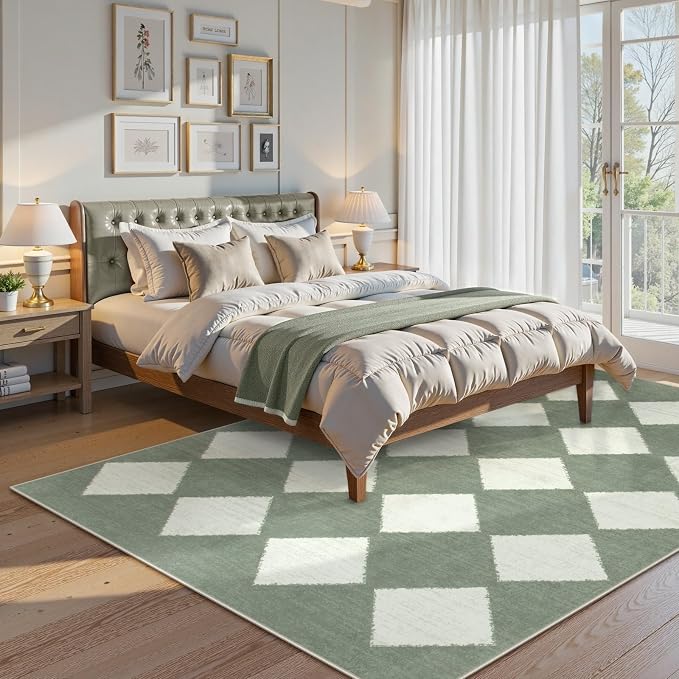 Lahome Zelie Checkered Washable 5x7 Rugs for Living Room Green Rug for Bedroom, Soft Dining Room Rugs for Under Table, Diamond Trellis Throw Carpet for Entryway Dorm Kids Playroom (5'x7',Green)