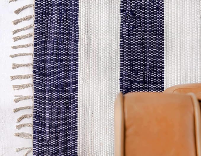 Unique Loom Chindi Rag Collection Area Rug - Striped (10'x 14' 1" Rectangle, Navy Blue/ Ivory)