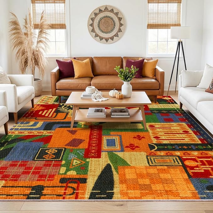Geometric 6x9 Area Rugs for Living Room, Burnt Orange Washable Large Rug | Non Slip Low Pile Boho Geometric Colorful Rugs for Bedroom| Indoor Carpet for Office Nursery Dining Room Entryway Home Decor