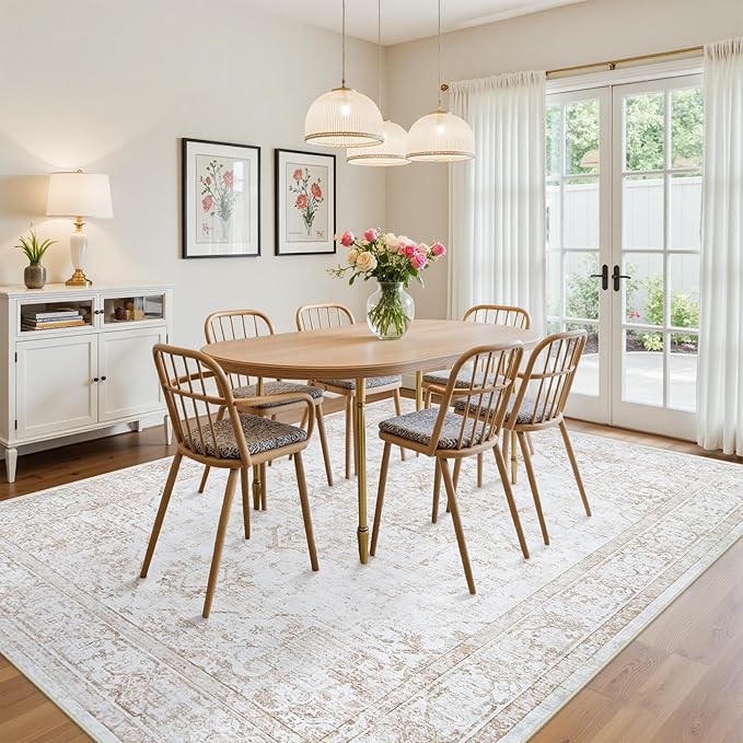 8x10 Area Rugs for Living Room Washable Non-Slip Rug Beige | Vintage Medallion Rug，Soft Low Pile Large Rugs，Indoor Retro Carpet for Bedroom Nursery Dining Table Farmhouse Home Office
