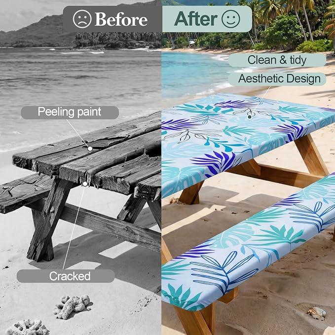Play Tailor Picnic Table Cover with Bench Covers Camping Essentials Waterproof Windproof Camping Tablecloth with Drawstring Bag, Fitted Rectangle Tables and Seats, 60in, Light Green Blue