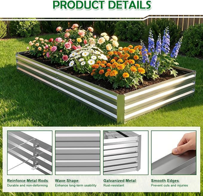 8x4x1FT Galvanized Raised Garden Bed Outdoor Patio, Large Rectangular Metal Planter Boxes,Plant Container Kit for Gardening, Vegetables, Flowers, Herbs,Silver,1 Pack