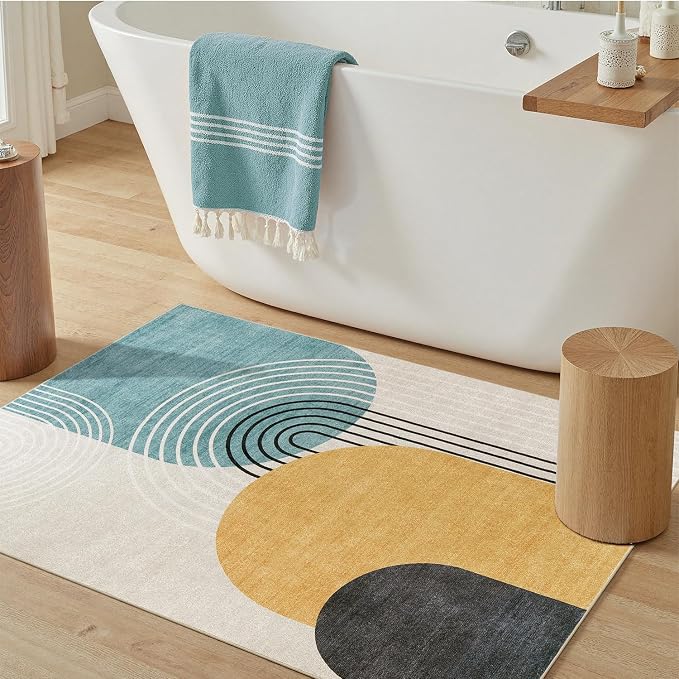 DCX Abstract Washable 3x5 Rug, Non Slip Low Pile Rug, Blue & Yellow | Rugs for living room, bedroom, dining room, office, soft, mid century modern rug, sain resistant indoor carpet, home decor