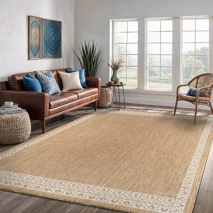Washable Outdoor Rug 6x9 Modern Area Rugs Outdoor Carpets Bordered Pattern Non Shedding Waterproof Easy Clean Patio Deck Porch Living Room Bedroom Garden RV (6 X 9 Natural)
