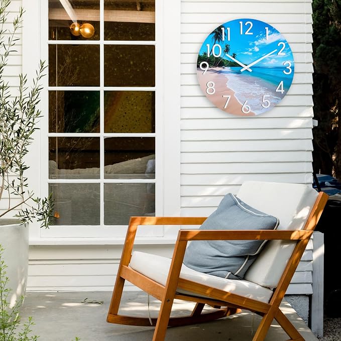JoFomp Beach Outdoor Clocks for Patio, Large Outdoor Clocks Waterproof 14 Inch with Glass, Outdoor Wall Clocks Battery Operated, Pool Clock Outdoor Weatherproof, Outside Clock for Backyard/Garden