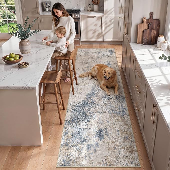 Nakagishi 3x8 Abstract Washable Area Rugs for Entryway-Blue Brown | Modern Non-Slip Silicone Backing Low Pile Soft Carpet for Bedroom Dining Decor for Families with Kids and Pets