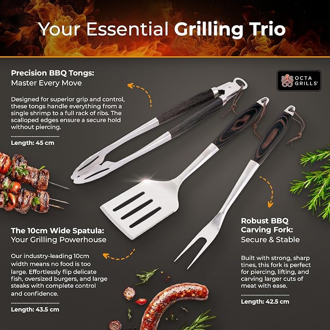 3-Piece BBQ Utensil Set – Premium Stainless Steel Grill Tools with Extra Wide Spatula - Black Pakka Wood Handles & Leather Hanging Loops (Spatula, Tongs & Fork)