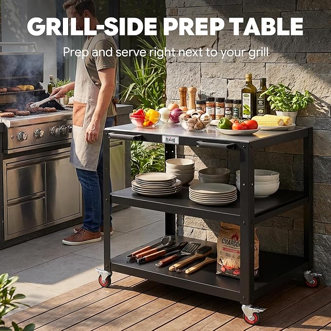 Feasto 36''x 24'' Heavy-Duty Outdoor Pizza Oven Table, 304 Stainless Steel Grill Table with Lockable Wheels for Pizza Ovens & Griddles, 3-Shelf Prep Table for Deck, Patio BBQ & Parties | 304 Stainless Steel Tabletop for Pizza Ovens & Griddles, Heavy-Du...