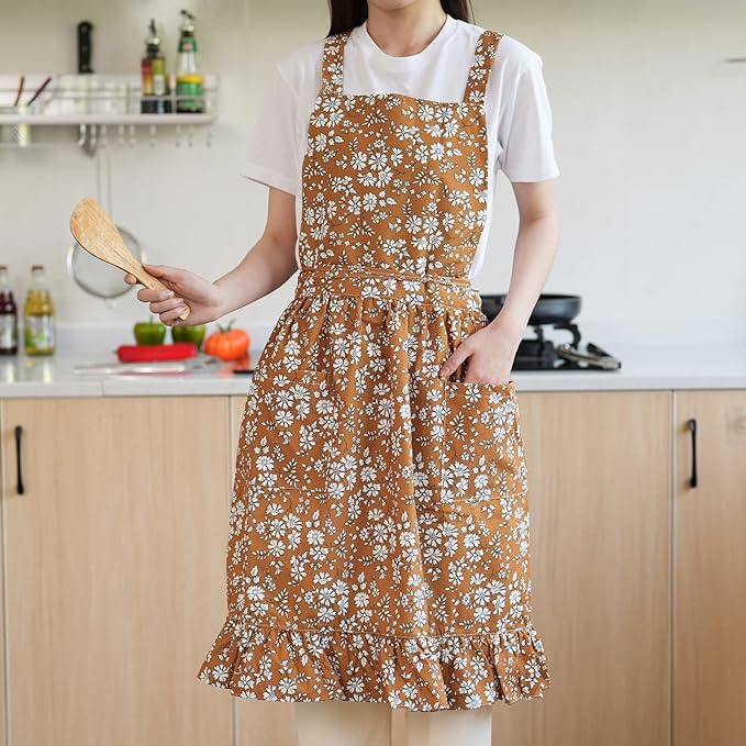Pinknoke Vintage Pinafore Apron Dress for Women with Pockets Cute Floral Chef Aprons for Kitchen Cooking Baking Gardening