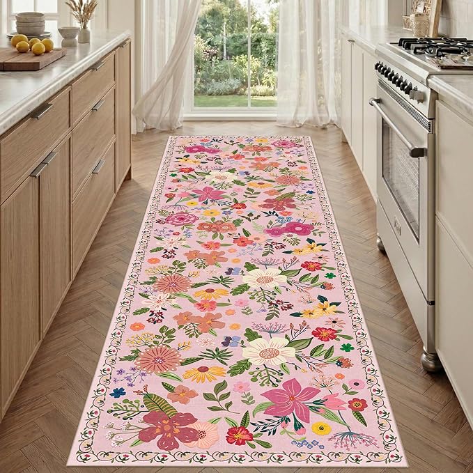 Latte&Fog Pink Washable Hallway Runner Rug 2.6x8 Non Slip Kitchen Rug | Low Pile Soft Cute Throw Rug Doormat for Entrance Bathroom Laundry Bedside Bedroom Nursery Playroom Hallyway Dorm Office