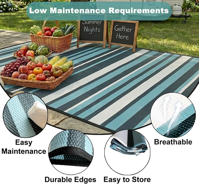 Outdoor Rug Camping Essentials - 4x6 FT Outdoor Plastic Straw Rug for Patio Clearance, Waterproof RV Essentials Outside Area Rug for Deck Garden, Backyard Patio Furniture Set, Dark Grey & Blue