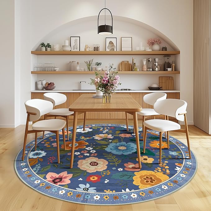 RELEANY Floral Washable Round 8ft Area Rug Blue/Grey | Flower Carpet, Print, Boho, Non-Slip, Easy to Clean, Soft, Low Pile for Living Room Bedroom Kitchen Office Entryway Hallway