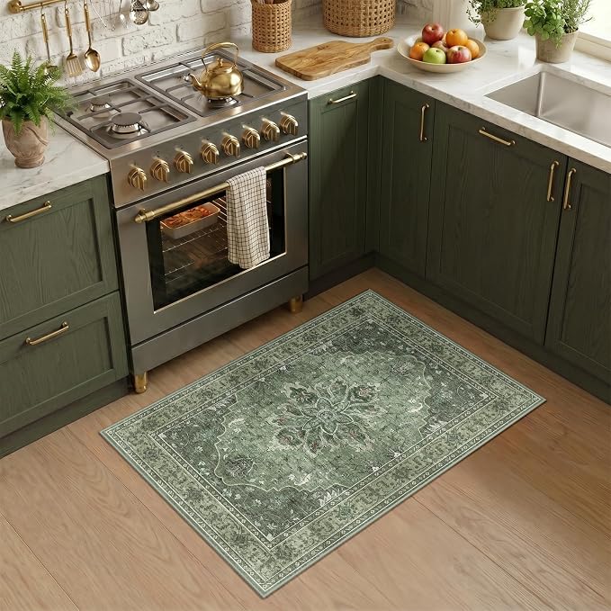 RELEANY Washable Area Rug, Small 2'x4', Green/Dark Green/Gray | Non-Slip, Water Repellent, Pet Friendly, Easy to Clean, Vintage Floral Boho Decor for Kitchen Entryway Bathroom