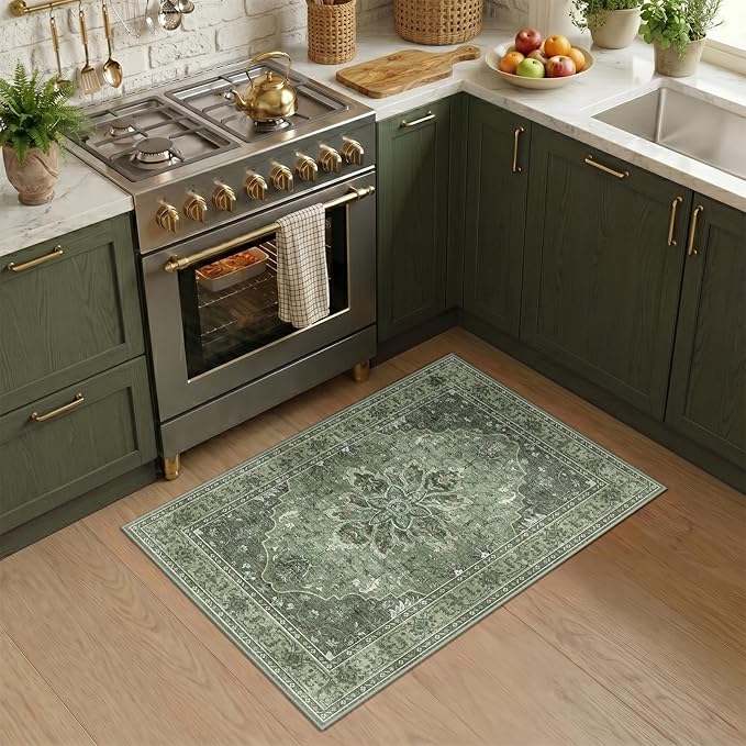 RELEANY Washable Area Rug, Small 2'x3', Green/Dark Green/Gray | Non-Slip, Water Repellent, Pet Friendly, Easy to Clean, Vintage Floral Boho Decor for Kitchen Entryway Bathroom
