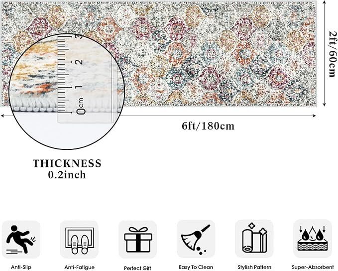 Lahome Moroccan Hallway Runner Rug, 2x6 Kitchen Runner Rugs Washable | Bthroom Non Skid Trellis Vintage Laundry Room Rug Ultra-Thin Carpet for Bathroom Bedroom Entryway Elise,Aqua/Multi