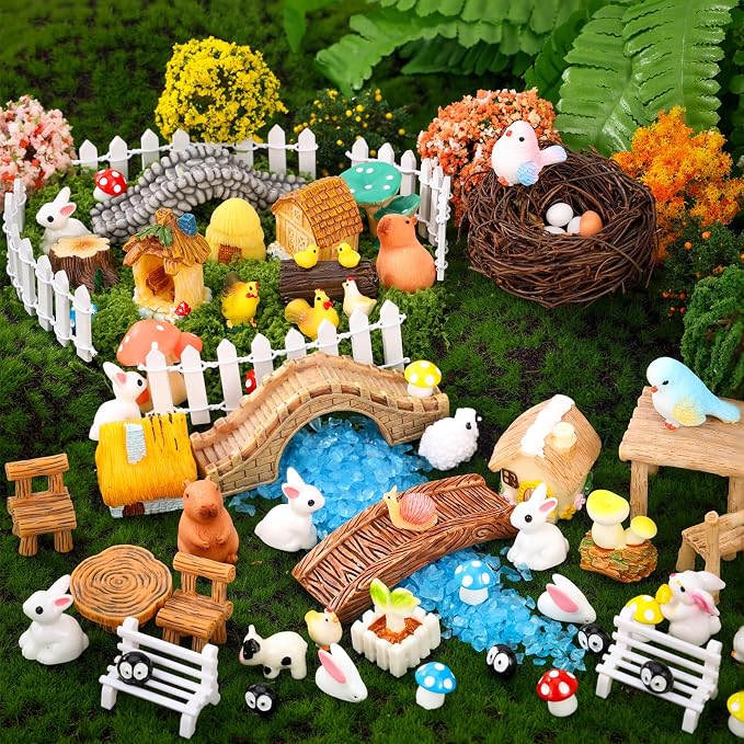 87 PCS Miniature Fairy Garden Accessories Kit with Moss & Trees Micro Landscape Ornament Village Set Resin Animal Figurines for Terrarium Bonsai Succulent Dollhouse Decor