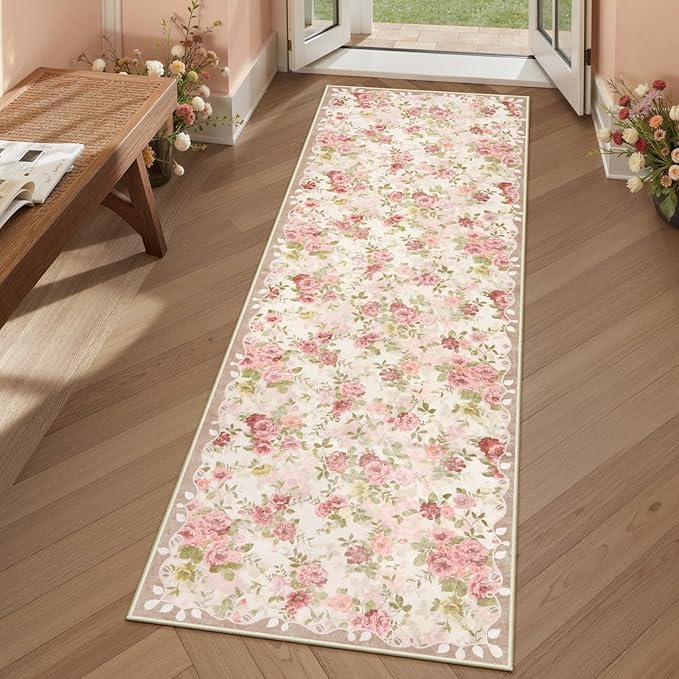 Lahome Floral Pink Bathroom Rug Runners for Hallways Non Slip, 2x6 Washable Kitchen Runner Rug, Soft Boho Throw Carpet for Girls Bedside Bedroom Laundry Nina Beige/Pink/Multi