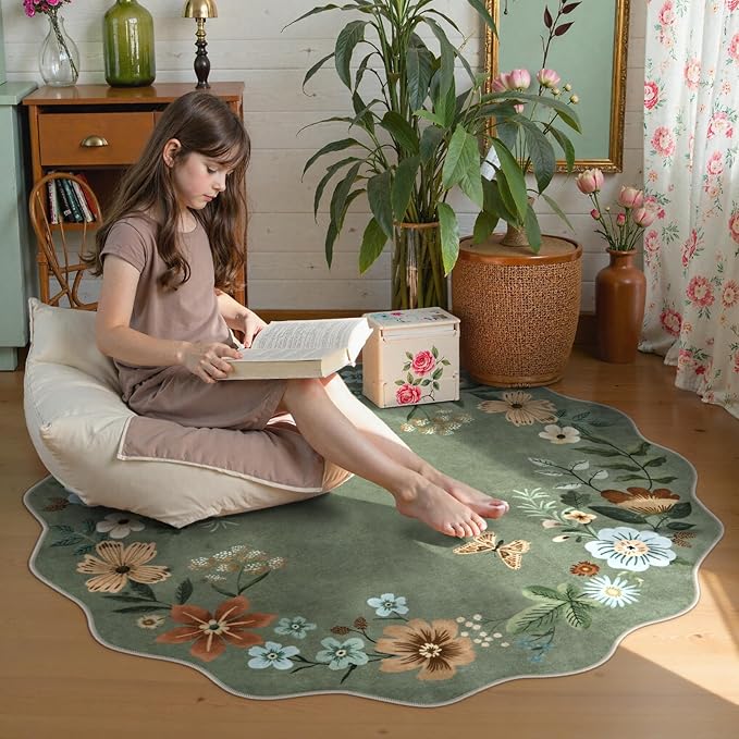 Lahome Floral Washable Round Circle Rugs, Non-Slip Soft Round Rug 4ft | Ultra-Thin Small Boho Circle Carpet for Entryway Kitchen Bedroom Nursery Bathroom, Green