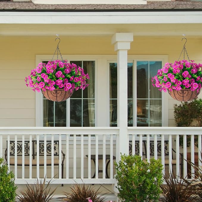 Artificial Fake Hanging Flowers Plants Baskets for Outdoor Spring Summer Decoration, Faux Silk Morning Glory in Planter UV Resistant Realistic for Home Outside Porch Patio Balcony Garden Yard, Fuchsia