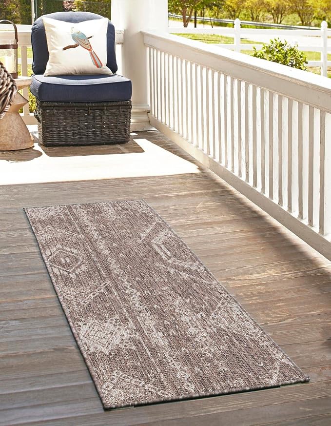 Unique Loom Outdoor Bohemian Collection Area Rug - Anthro (2' 7" x 8' Runner, Brown/ Ivory)