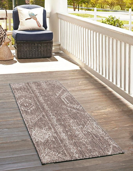 Unique Loom Outdoor Bohemian Collection Area Rug - Anthro (2' 7" x 8' Runner, Brown/ Ivory)