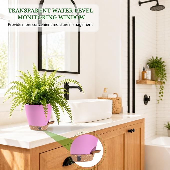 6 Inch Self Watering Pots for Indoor Plants(5-Pack) – Small Plastic Planters with Water Level Window, Drainage Holes & Trays, Indoor Outdoor Flower Pots for Herbs, Snake,Pothos (Dusty Rose/Pink)