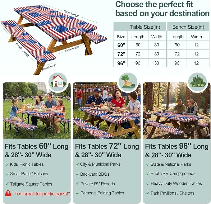 Play Tailor Picnic Table Cover with Bench Covers Camping Essentials Waterproof Windproof Camping Tablecloth with Drawstring Bag, Fitted Rectangle Tables and Seats, 72in, Red Blue White