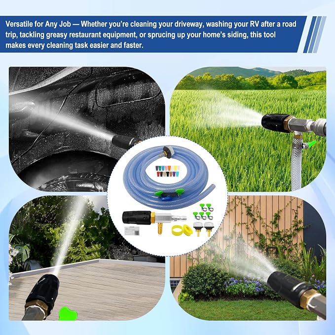 Adjustable Long Range Downstream Injection Nozzle Kit 4-4.5 GPM, Pressure Washer Spray Nozzle, Spray Nozzle Pressure Washer with 1/4" Quick Connect/15FT Hose/Shut-off Valve/Filter.2500 to 4000 PSI.