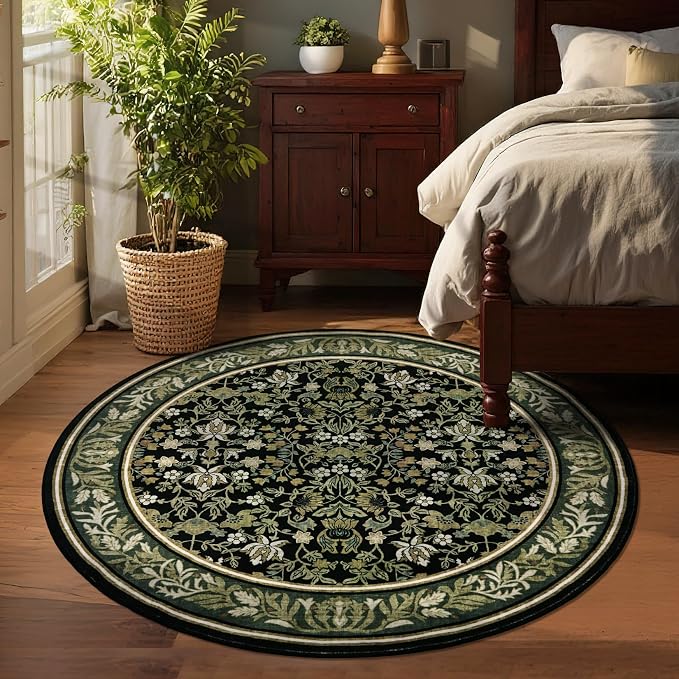 GarveeHome Round Rugs 5ft Washable Circle Rug for Living Room, Green Black | Boho Vintage Non Slip Soft Low Pile Stain Resistant Indoor Carpet for Bedroom Dining Room Kitchen Entryway Office