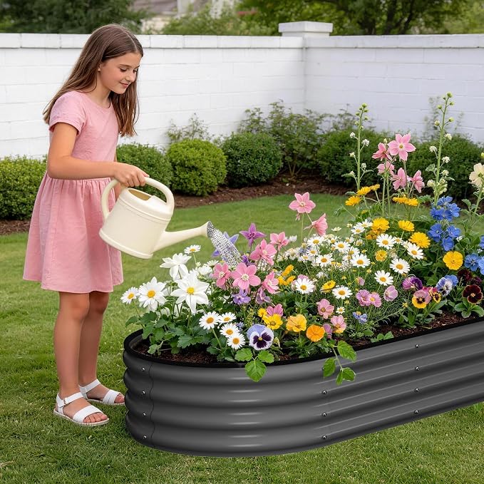 Garvee Galvanized Raised Garden Bed, 2Pcs Raised Garden Beds Outdoor, Oval Planter Raised Beds with Gloves and Rubber Edge Trim for Vegetables, Flowers and Herbs, 4x2x1 FT, Dark Grey