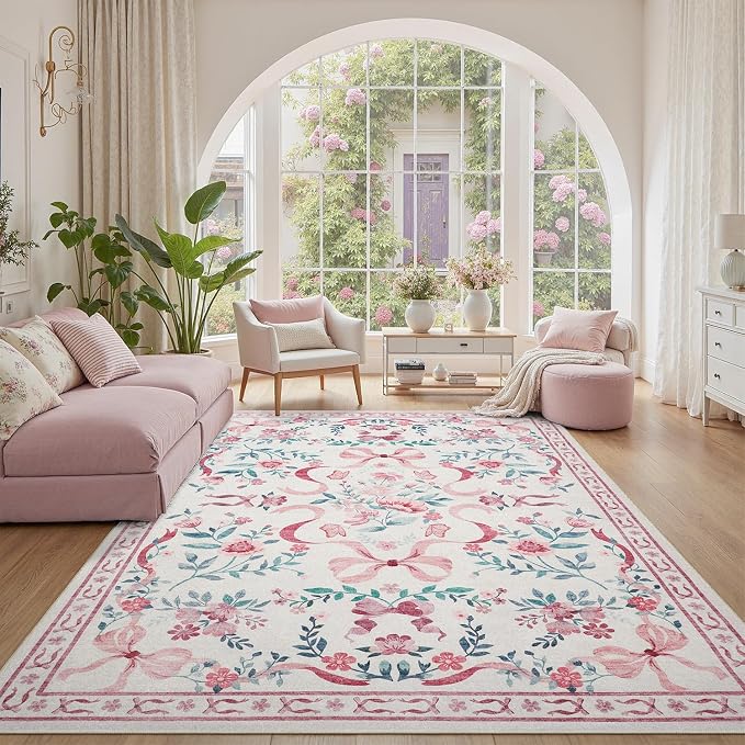 DCX Washable 9x12 Bow Rug, Pink Floral Rug for Girls’ Bedroom, Cute Soft Low Pile Indoor Décor Carpet, Kid & Pet Friendly Nursery Rug for Living Room, Dorm, Playroom