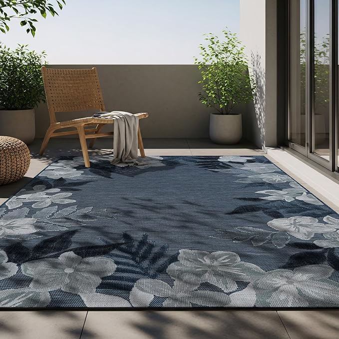 Outdoor Rug 8x10 Washable Area Rugs Indoor Outdoor Carpets Navy Border Floral Non Shedding Waterproof Easy Clean Patio Deck Porch Living Room Bedroom Garden RV (8 X 10 Navy)