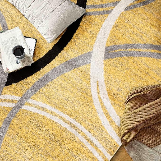 Rugshop Wavy Circles Jute Backing Living Room Area Rug Yellow 7'10" x 10'2" | Rectangular, Size 7'10" x 10'2", Bedroom, Dining Room, Home Office, Kitchen, Entryway, Hallway, Nursery, Kids Room, Bedside
