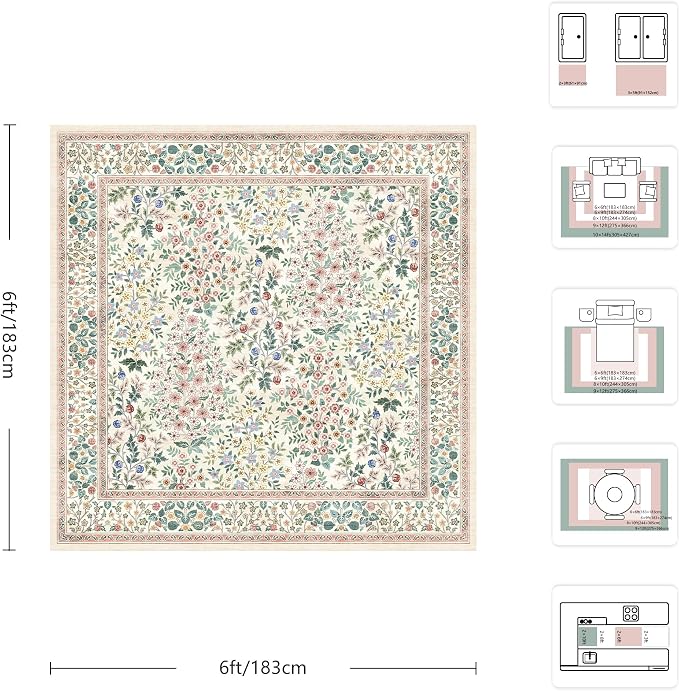 6x6 Square Area Rugs, Machine Washable Low Pile Floral Rugs for Living Room, Bedroom, Large Boho Area Rug with Non-Slip Backing for Dining Room(Pink Floral)