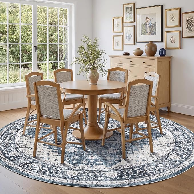 AMADA HOMEFURNISHING Round 6ft Area Rugs, Low-Profile Washable Rug with Non-Slip Backing & Durable Edge Binding, Vintage Rugs for Living Room, Bedroom, Dinning Room