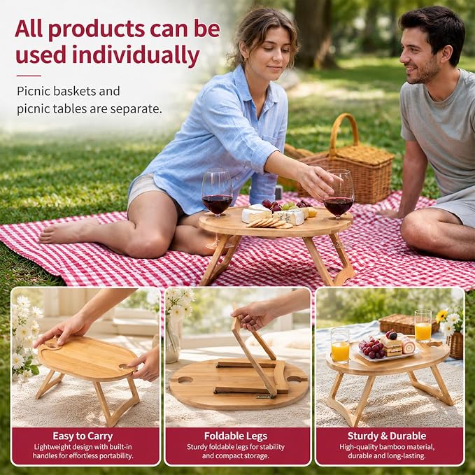 Wicker Picnic Basket Set for 2 with Foldable Table, Blanket, Insulated Liner, Large Handmade Willow Hamper Basket Sets with Cutlery Kit for Outdoor Camping Couples Wedding Bridal Shower Gift