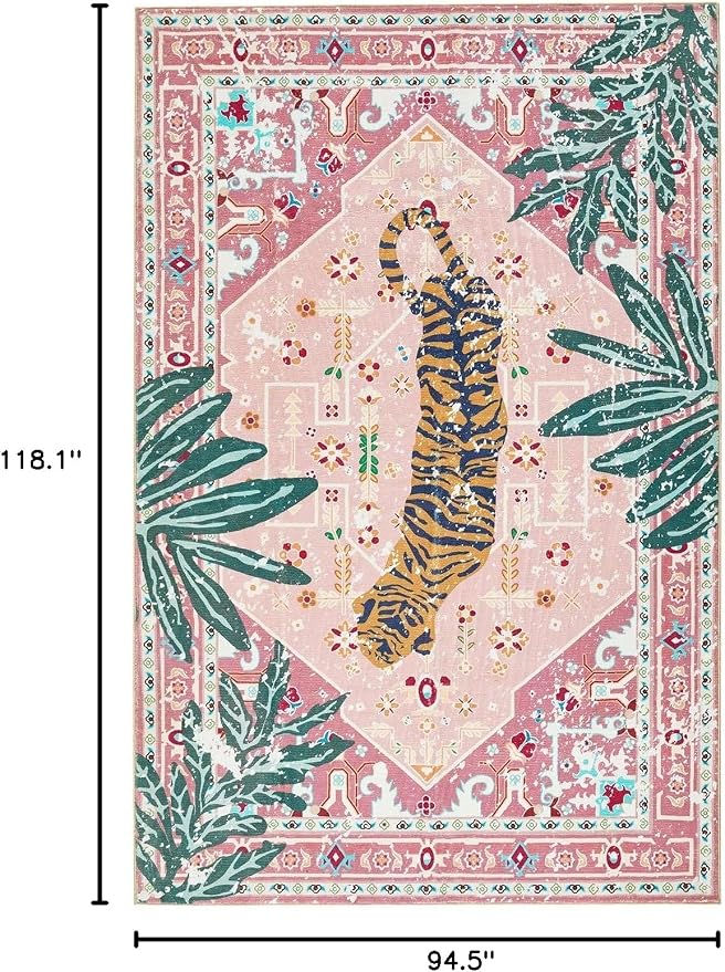 Washable Pink Rugs Boho Vintage Tropical Jungle 8x10 Area Rugs Tribal Oriental Carpet for Bedroom Kitchen Dining Living Room Office Distressed Indoor Cute Nursery Rug