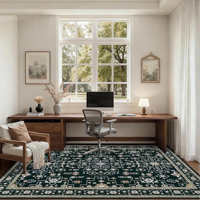 8x10 Area Rugs Living Room: Washable Vintage Rug for Bedroom Black | Boho No Slip Stain Resistant Rug Soft Indoor Decor Floor Floral Area Rugs for Dining Room, Nursery, Hallway, Home Office