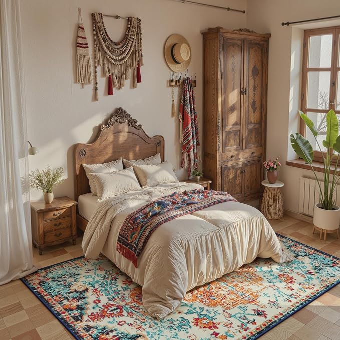 Lahome Bohemian Floral Medallion Area Rug - 5x7 Oriental Distressed Large Bedroom Rug, Soft Non-Slip Washable Dining Room Mat Indoor Throw Nursery Floor Carpet for Guest Room Entryway