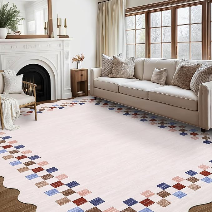 GarveeHome 8x10 Rug for Living Room Scalloped Washable Large Bedroom Rugs | Non Slip Stain Resistant Modern Border Dining Room Throw Carpet Scalloped Neutral Rug for Home Decor Office Nursery, Colorful