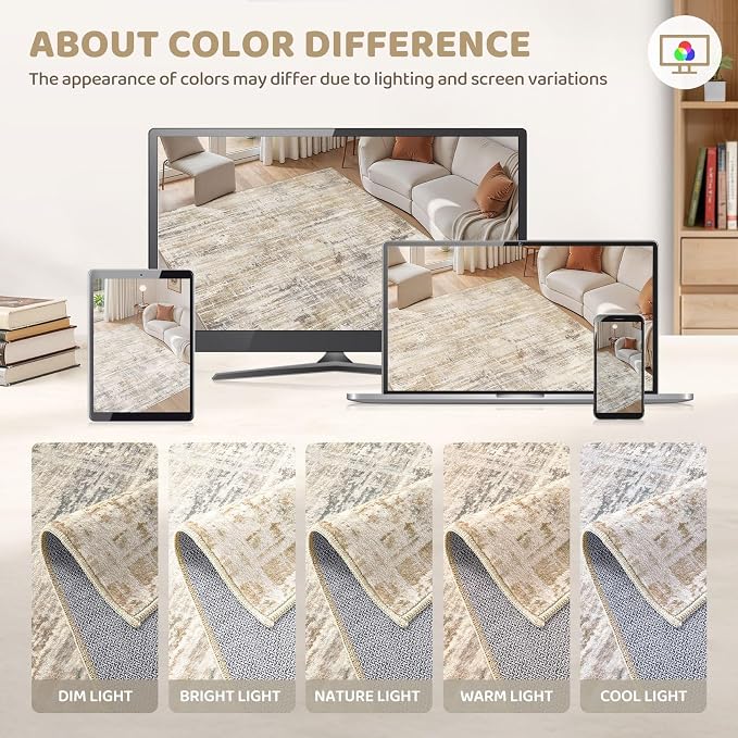 UERMEI 4x6 Area Rug for Living Room Washable Abstract Golden Brown Carpet | Low Pile Non-Slip Soft Neutral Modern Kid Pet Friendly Large Rugs For Bedroom Dining Room Nursery Office Indoor Decor