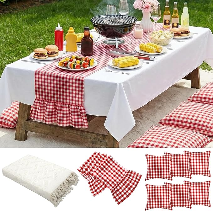 Extra Large Outdoor Boho Picnic Blanket Set with Plaid Table Runner, 6 Pillow Covers 6 Napkins, 91x71 Inch Oversize Woven Cotton Machine Washable Beach Mat for Camping Wedding Picnic
