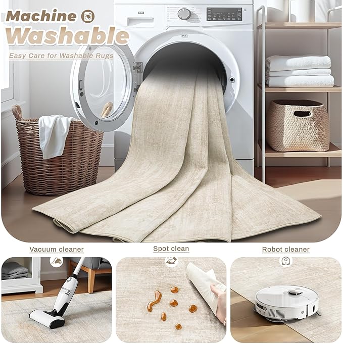 pmtsns Area Rugs 10x14 Living Room: Washable Rug Modern Abstract Neutral Soft Non-Slip Low-Pile Indoor Large Carpet for Bedroom Dining Room Playroom Home Office (Beige, 10'x14')