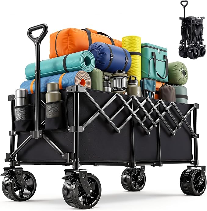 OLIXIS Collapsible Wagon Cart - 440lbs Foldable 49" Extra Long Heavy Duty Utility Wagon with Wheels, Portable Storage Grocery Cart for Camping, Shopping, Sports, Beach, Garden, Black
