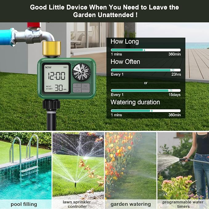 Water Timer for Outdoor Garden Hose, Sprinkler Timer for Garden Faucet with Auto/Manual/Rain Delay Mode, Sprinkler Irrigation Controller for Yard Lawn (1 Zone Brass Inlet & Outlet-2 Pack)